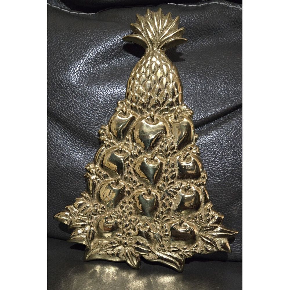 VTG 2000 Virginia MetalCrafters Brass Trivet Apples & Pineapple Hot Plate USA